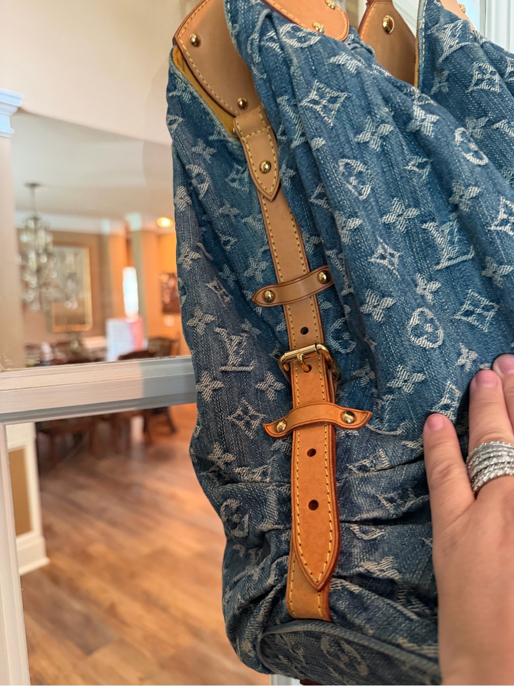 Louis Vuitton Blue Monogram Denim Shoulder XL Hobo with Tan Trim - Picture 4 of 8
